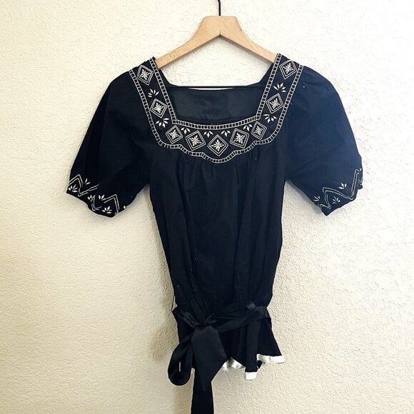 Simi Sue Square Neck Black Embroidered Cotton Blouse Small - Picture 1 of 6